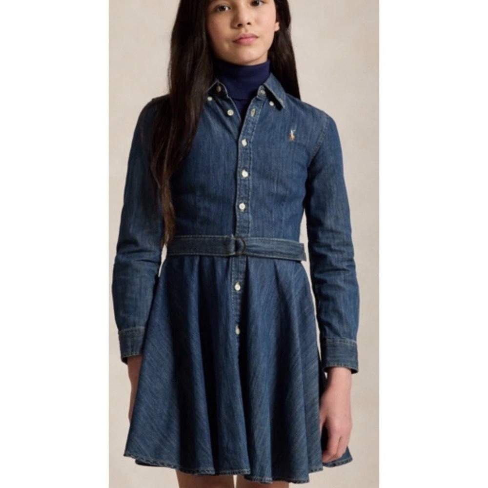 Ralph Lauren Girls Belted Cotton Denim Shirtdress Indigo Blue Sz 5